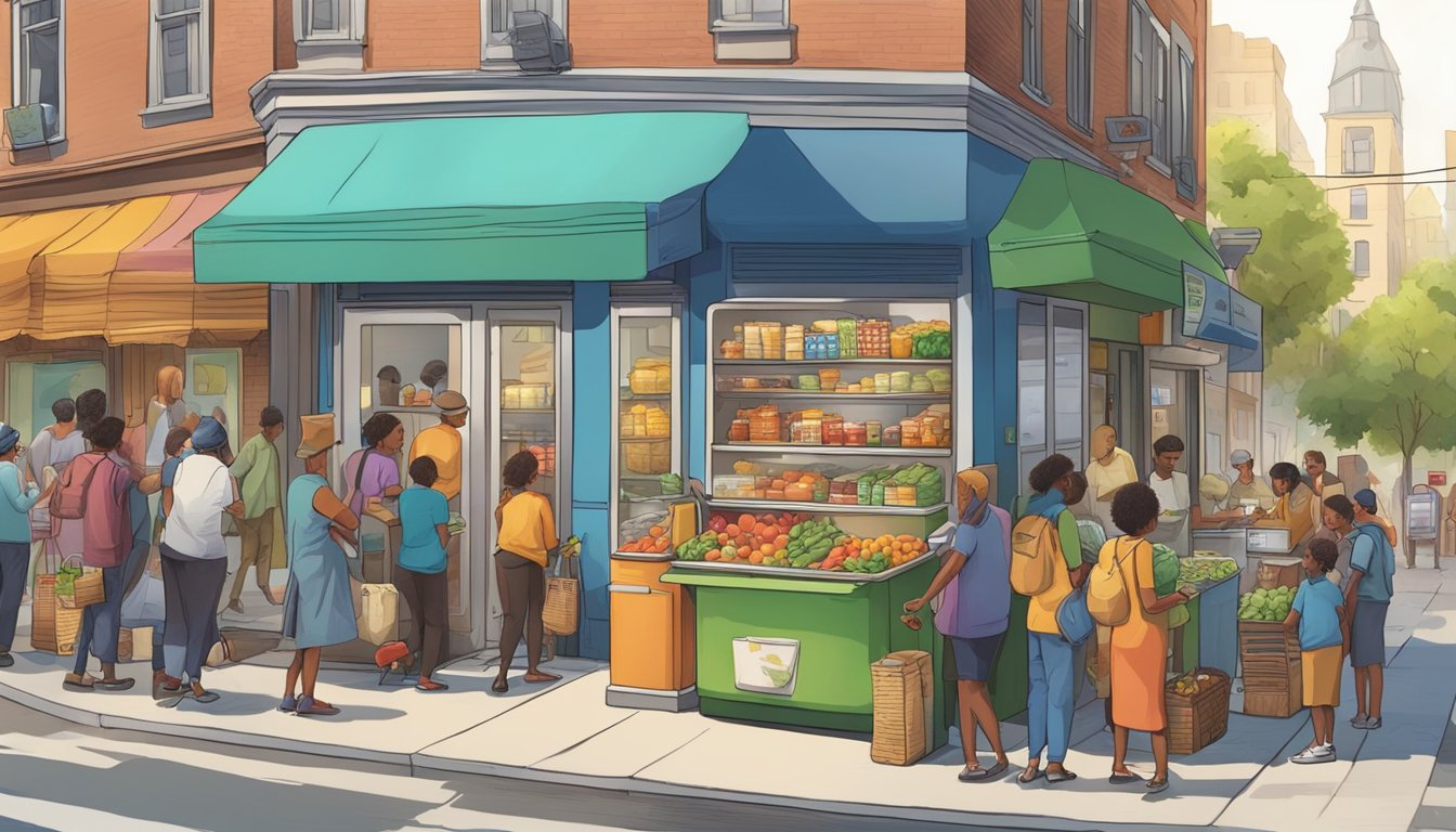 A bustling street corner with a colorful, well-stocked community fridge surrounded by diverse individuals exchanging food and goods