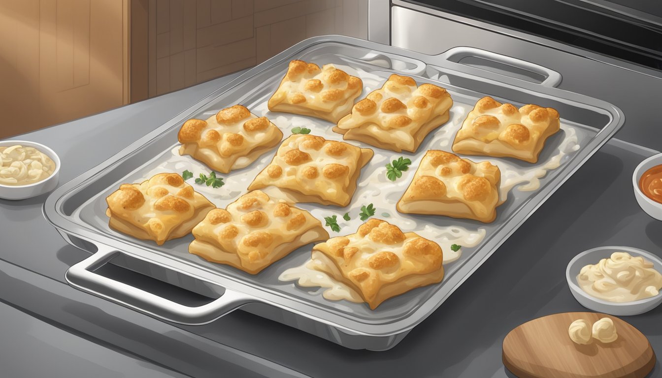 A plate of chicken alfredo pizza rolls sits on a baking sheet in the oven, surrounded by steam