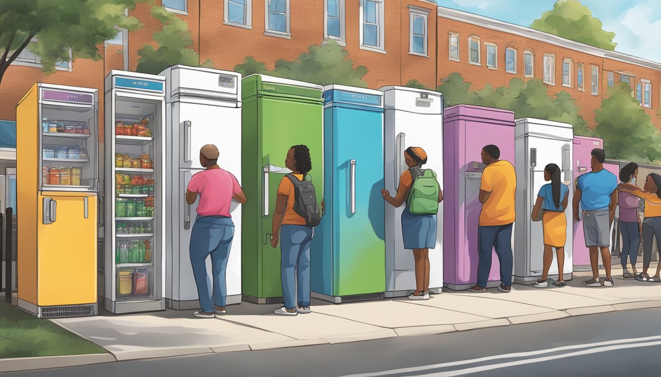 A brightly colored community fridge surrounded by diverse buildings and people in Concord, NC