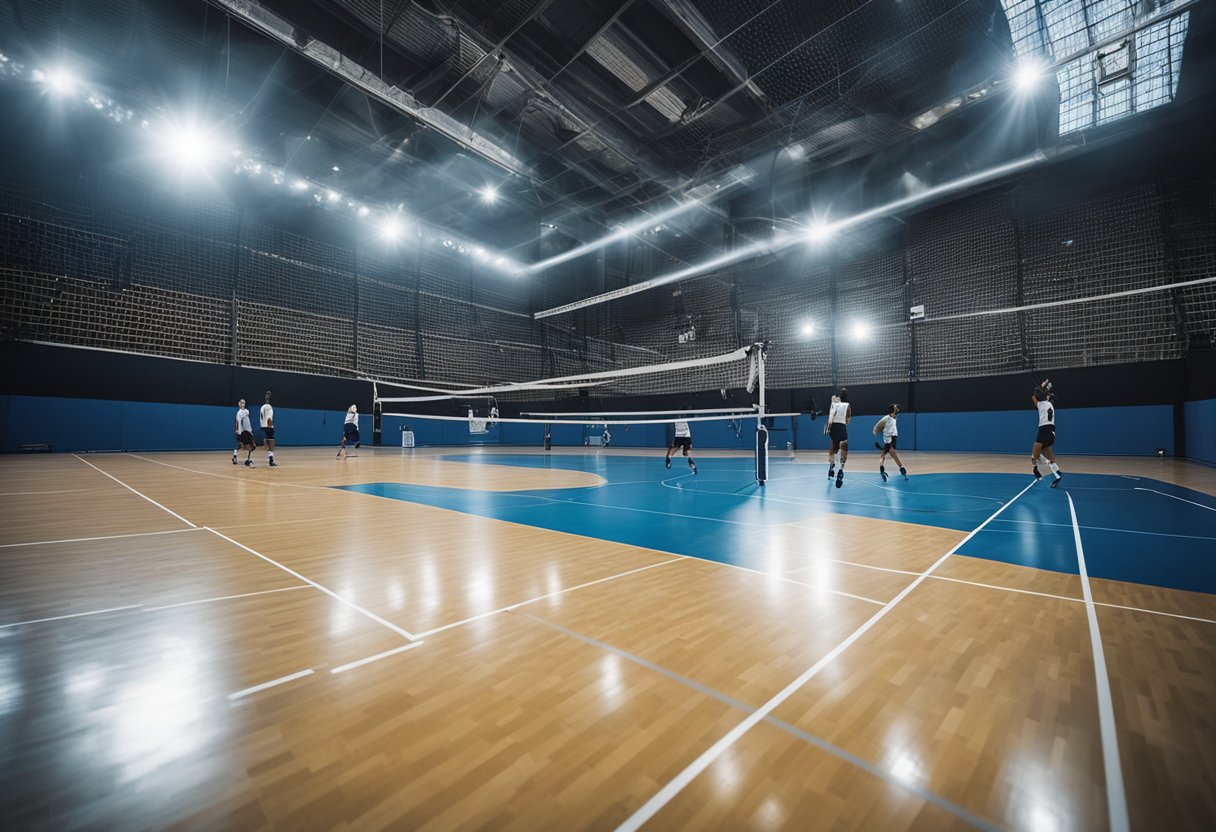 A volleyball game lasts around 1-2 hours, with two teams of six players each. The court is 18 meters long and 9 meters wide, with a net in the middle