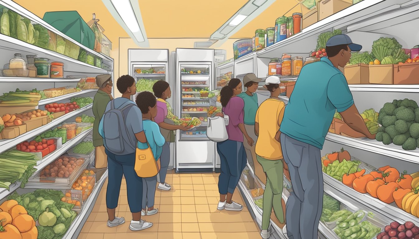 A bustling local community fridge filled with fresh produce and non-perishable items, surrounded by diverse individuals donating and taking food