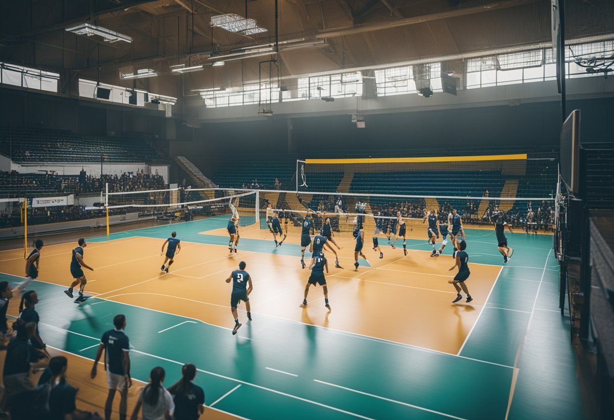 A volleyball court with players in motion, the ball mid-air, and a scoreboard showing the game duration