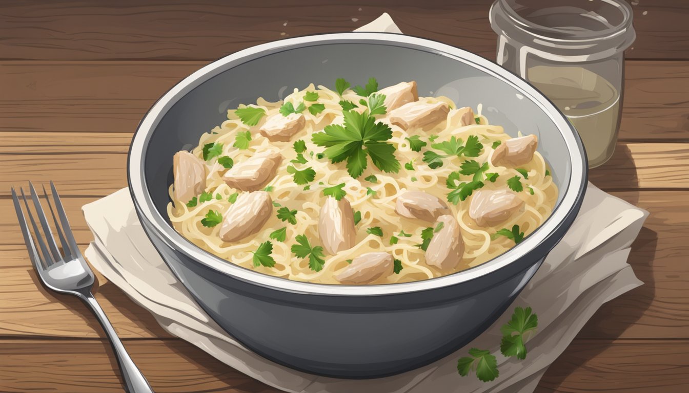 A steaming bowl of chicken alfredo sits on a rustic wooden table, garnished with freshly grated parmesan and chopped parsley