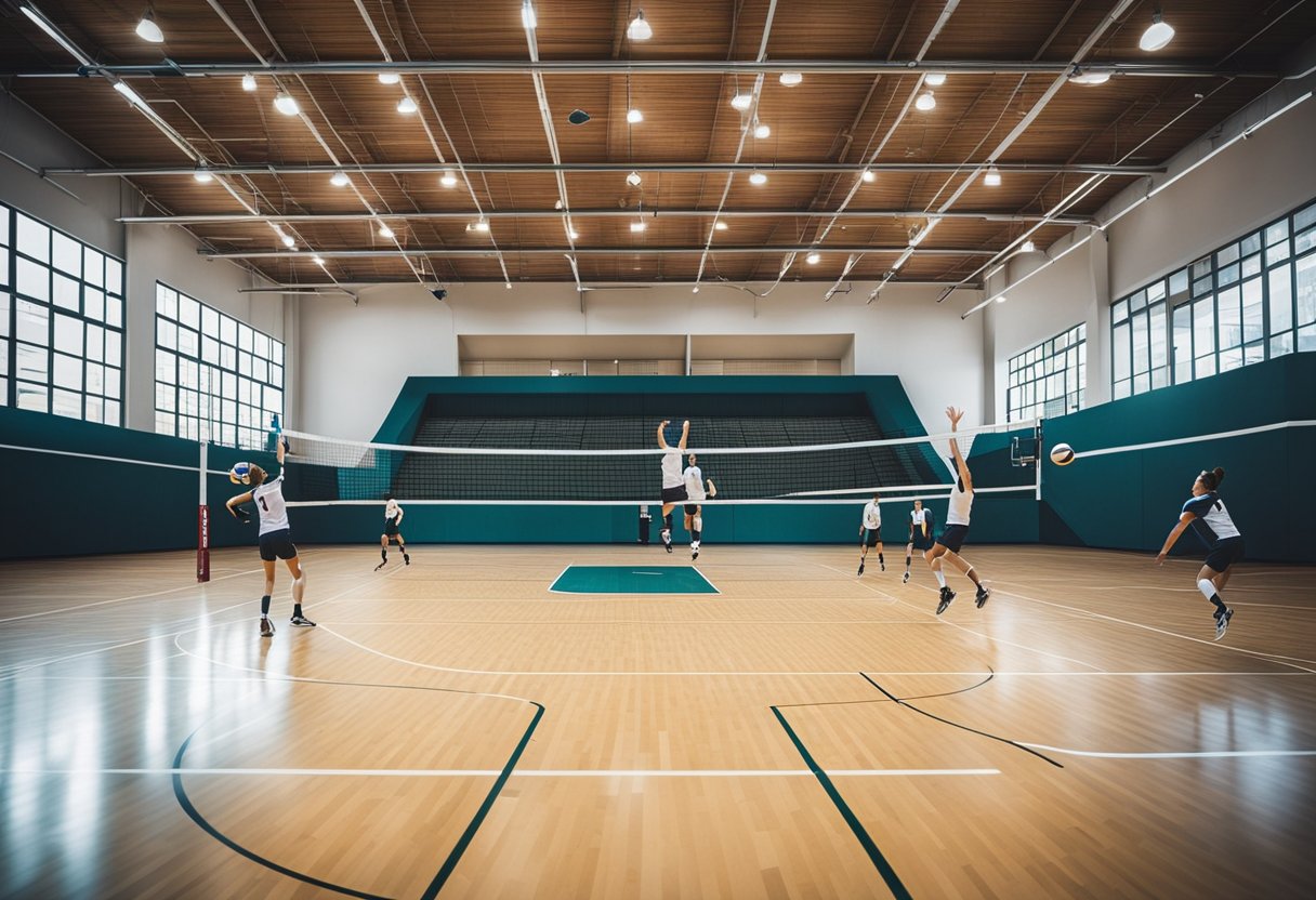 A volleyball court with players in action, a net dividing the two teams, and a scoreboard displaying the game's duration