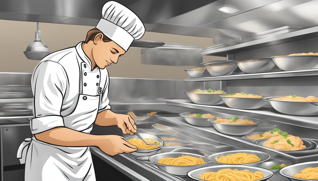 A chef preparing and packaging chicken alfredo bowls with clear expiration dates on the labels