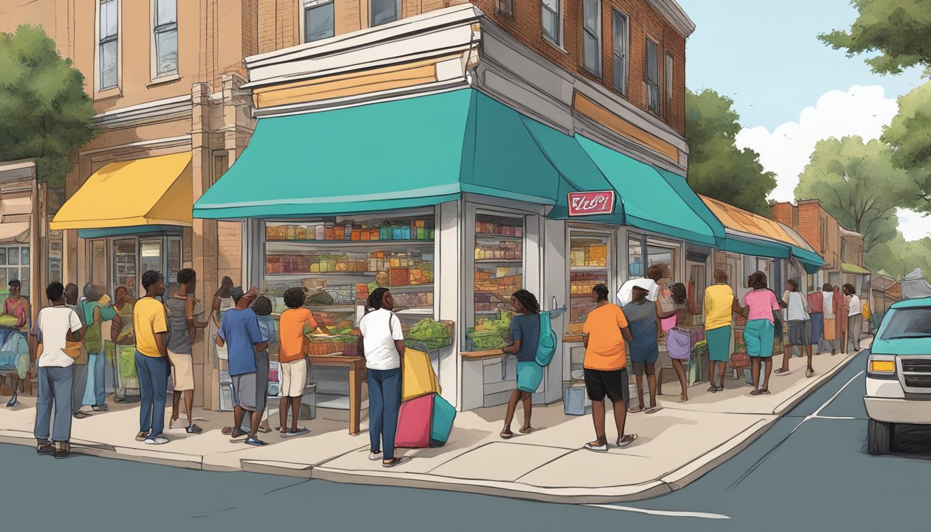 A bustling street corner in Jackson, MS, with a colorful community fridge surrounded by people exchanging food and goods