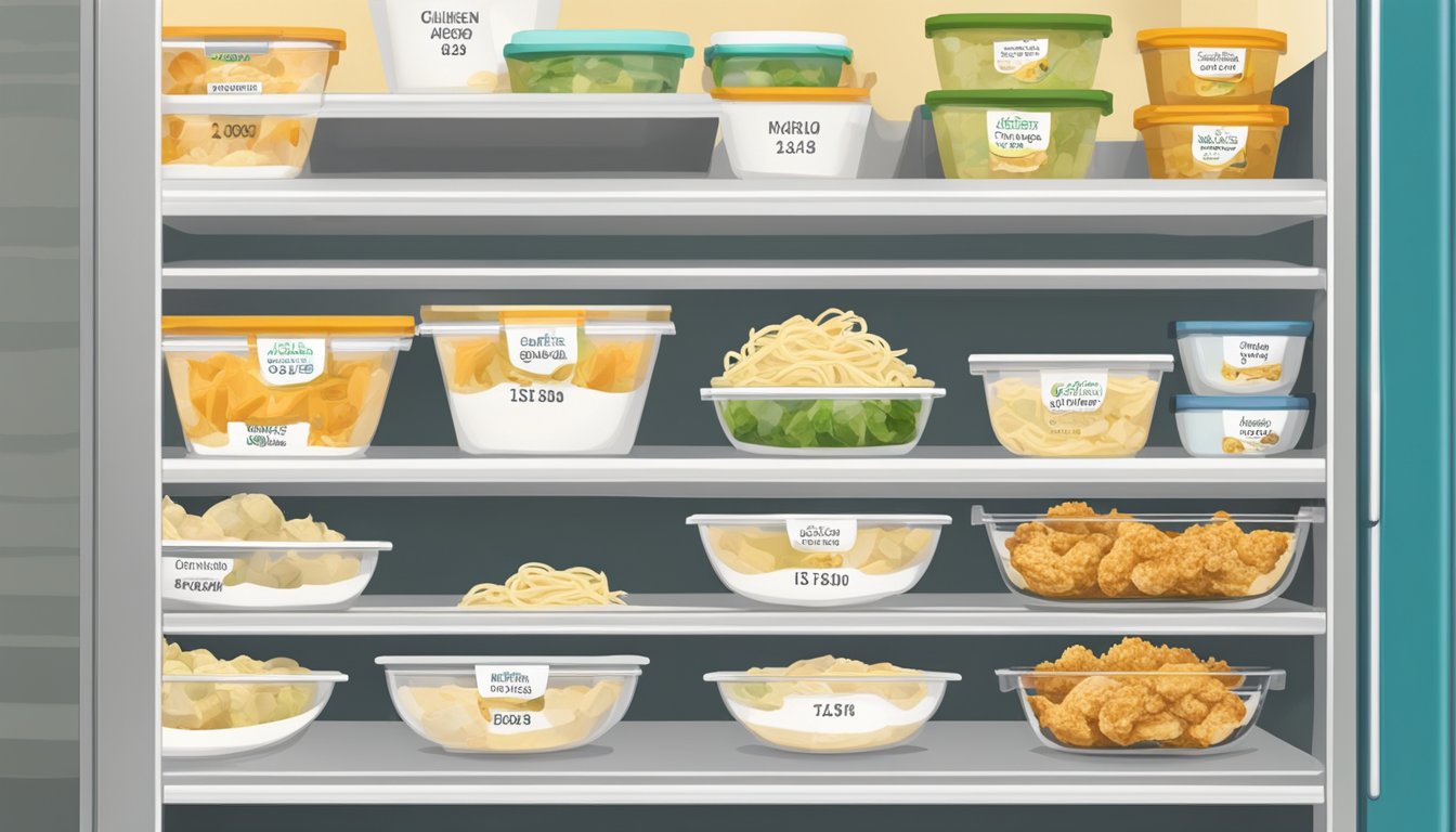 A refrigerator shelf with multiple sealed containers of chicken alfredo bowls, with a calendar on the wall indicating the date of storage