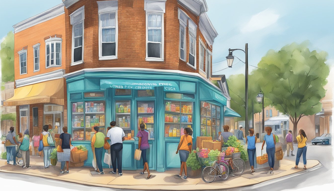 A bustling street corner in Concord, NC, with a colorful community fridge adorned with promotional materials and surrounded by engaged locals