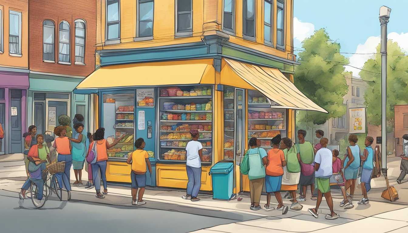 A bustling street corner in Jackson, MS, with a colorful community fridge surrounded by people dropping off and picking up food items