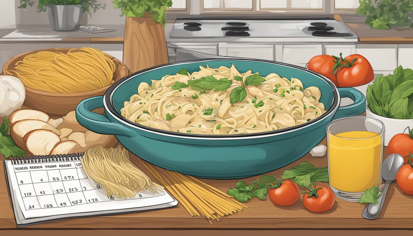 A kitchen shelf with a chicken alfredo bowl, surrounded by ingredients like pasta, chicken, and sauce. A calendar on the wall indicates the date