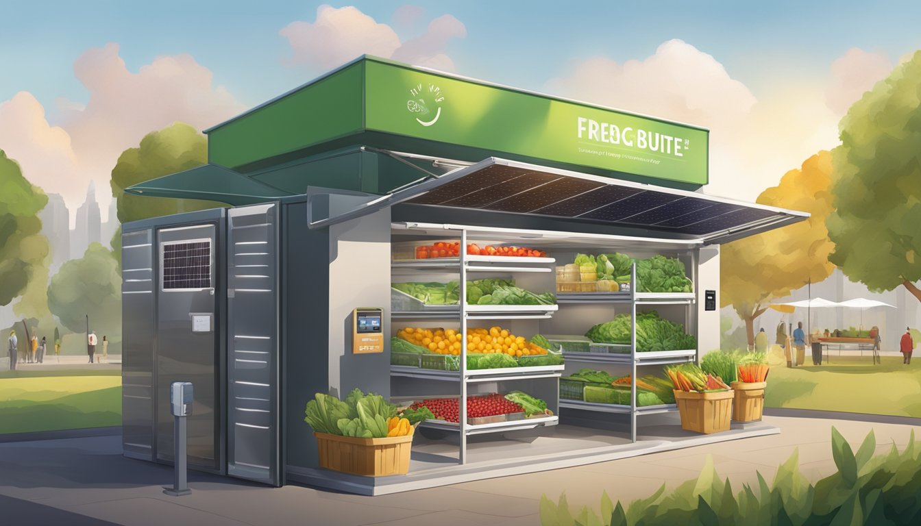 A community fridge surrounded by diverse local produce and reusable containers, with a solar panel on the roof