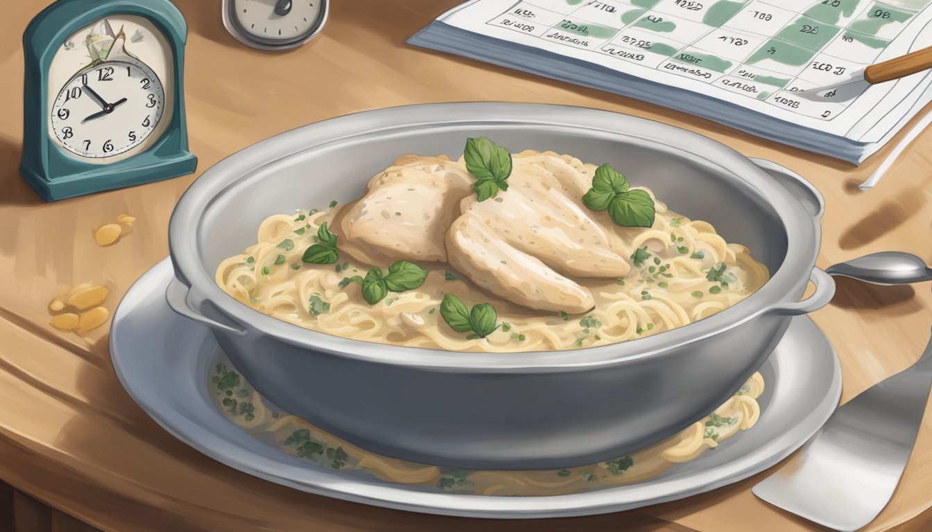 A bowl of chicken alfredo sits on a kitchen counter, surrounded by a calendar and a clock, showing the passage of time. The food begins to spoil, with mold and a foul odor emanating from the bowl