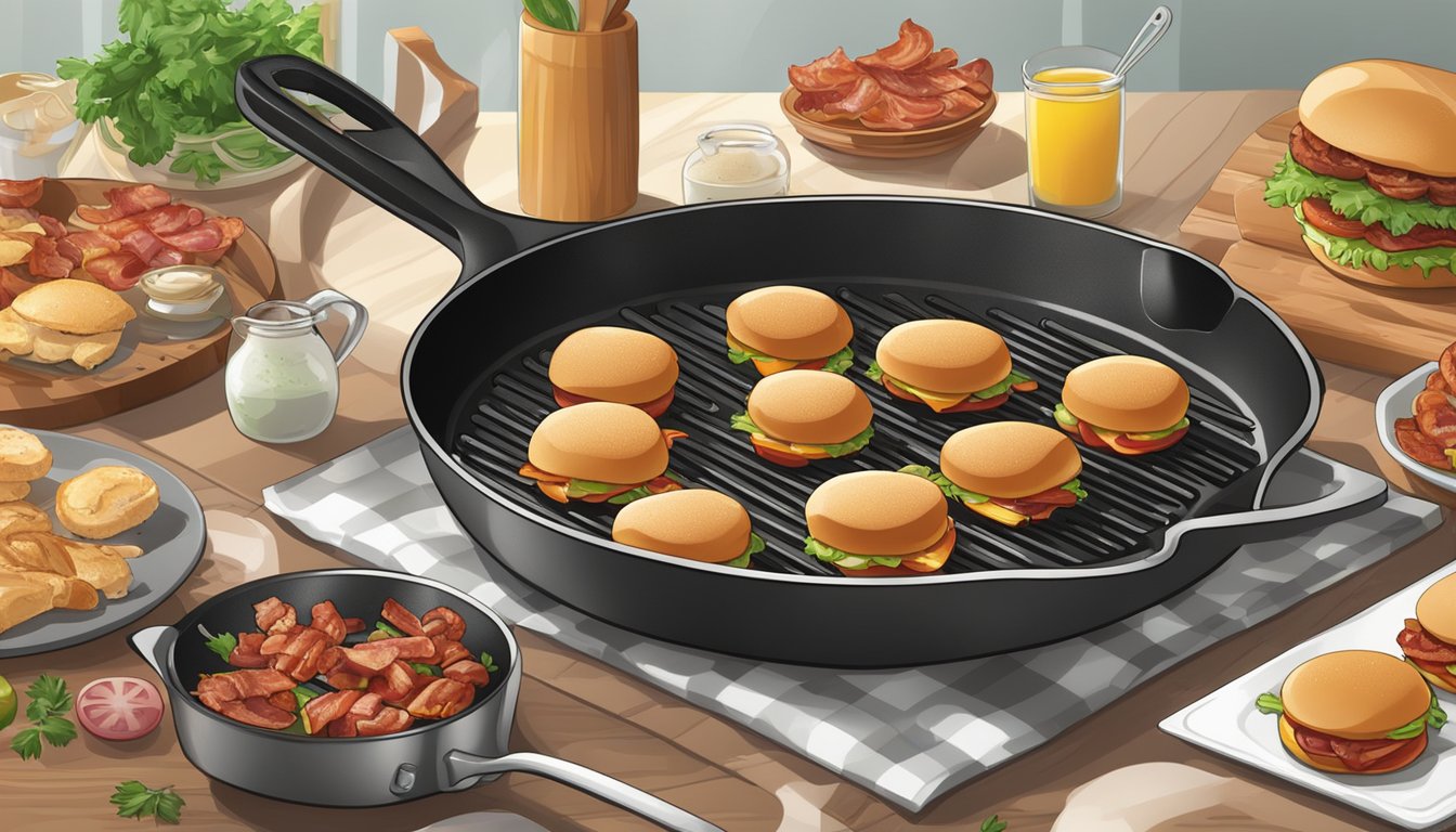 A sizzling skillet cooks chicken and bacon sliders, surrounded by fresh ingredients and cooking utensils