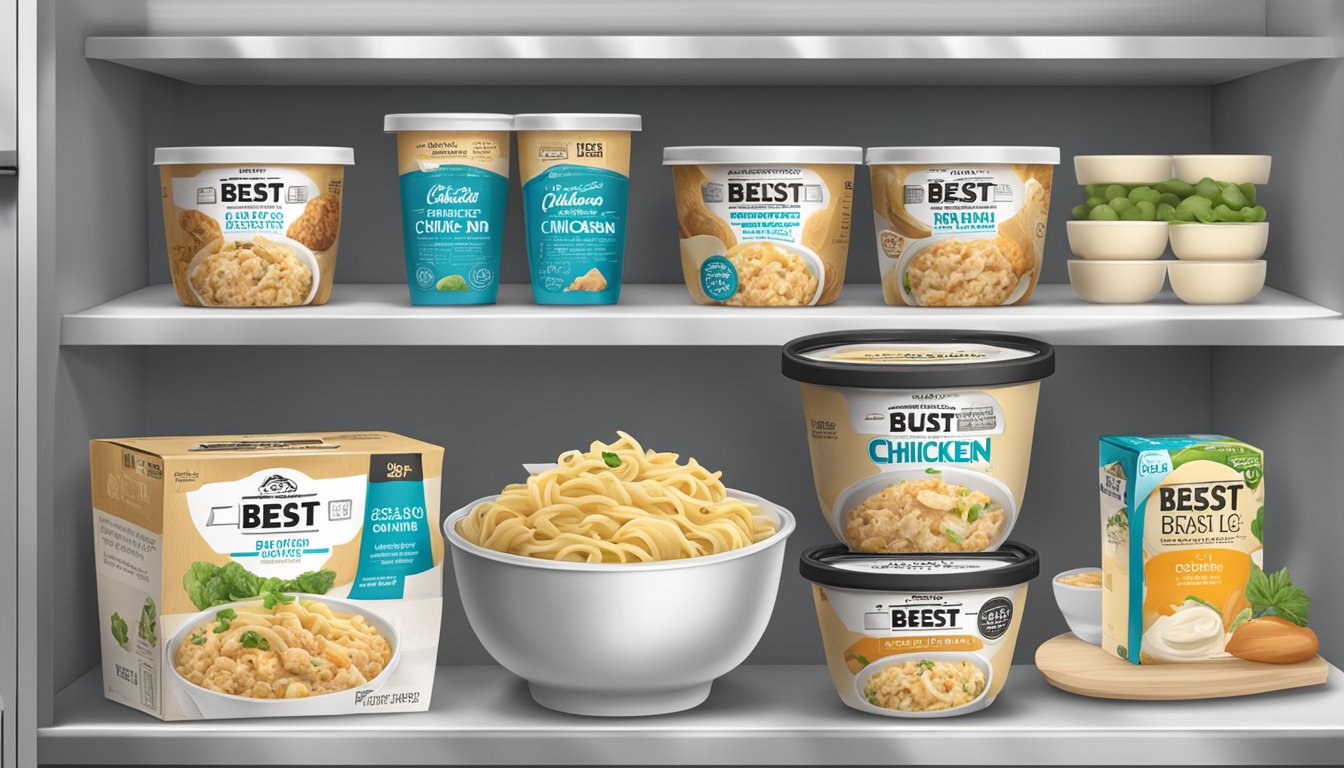 A sealed container of chicken alfredo bowls sits on a shelf with a "best by" date visible. The bowls are surrounded by ingredients like chicken, pasta, and sauce