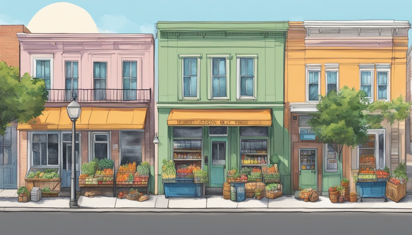 A colorful, bustling street corner in Jackson, MS with a community fridge stocked with fresh produce, canned goods, and other essentials