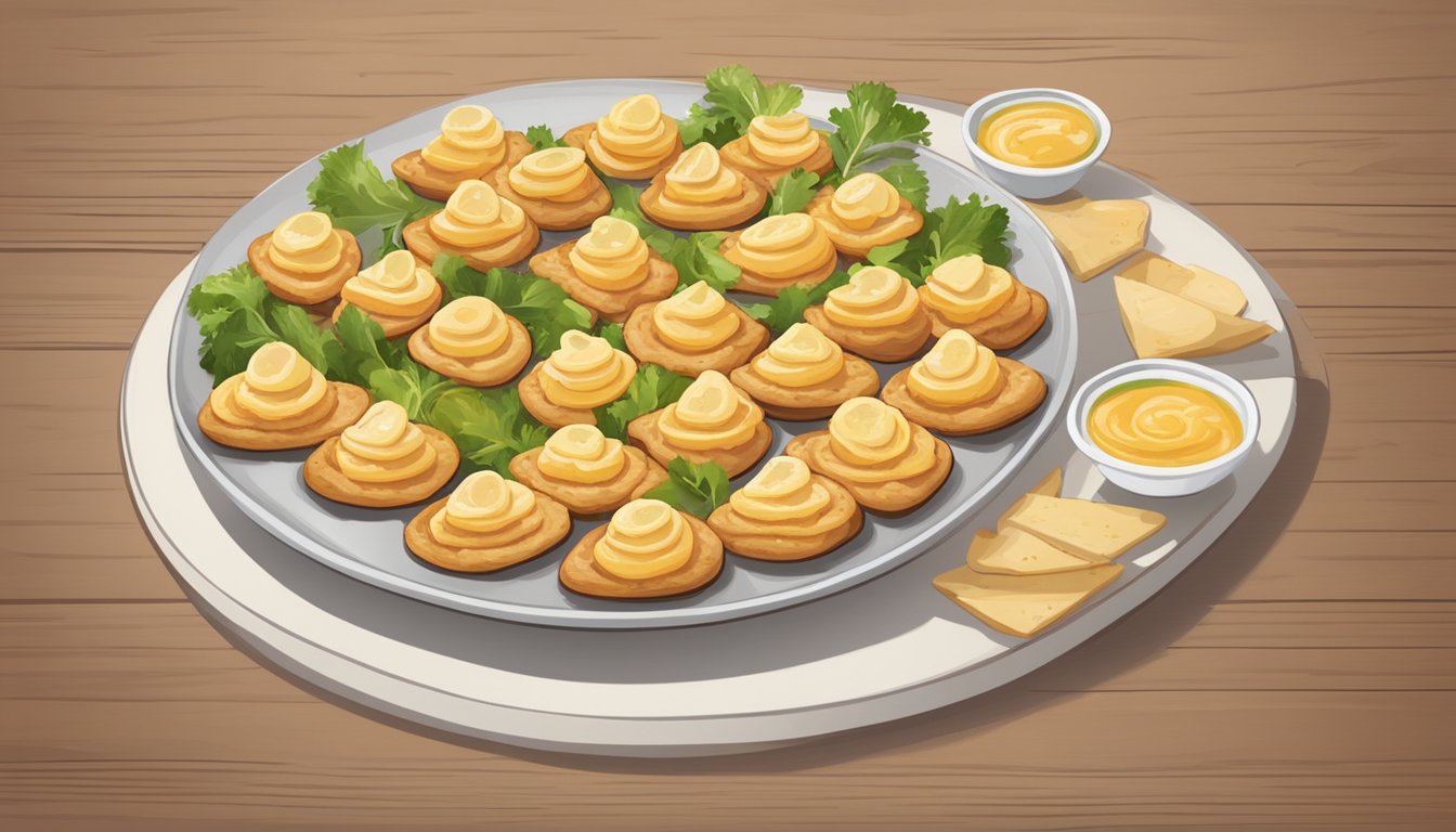 A plate of fresh chicken and cheese flatbread bites, arranged with garnishes, on a wooden serving board