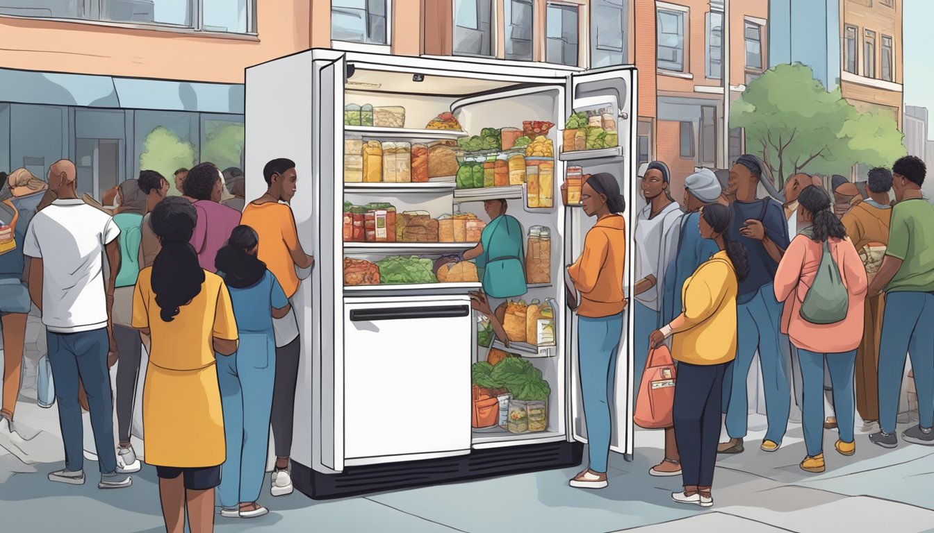 A community fridge surrounded by diverse individuals donating and taking food items in a bustling urban setting