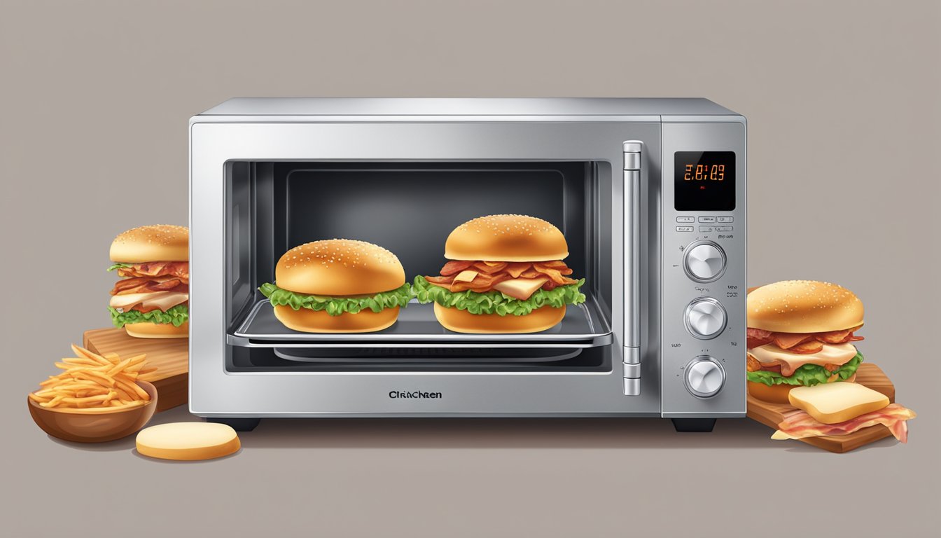 A microwave and oven with chicken and bacon sliders inside