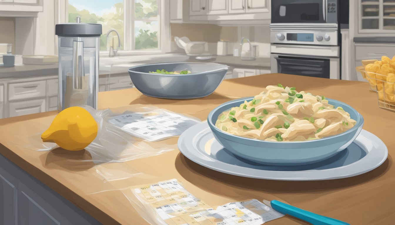 A bowl of chicken alfredo sits on a kitchen counter, covered with plastic wrap. A calendar on the wall shows the current date