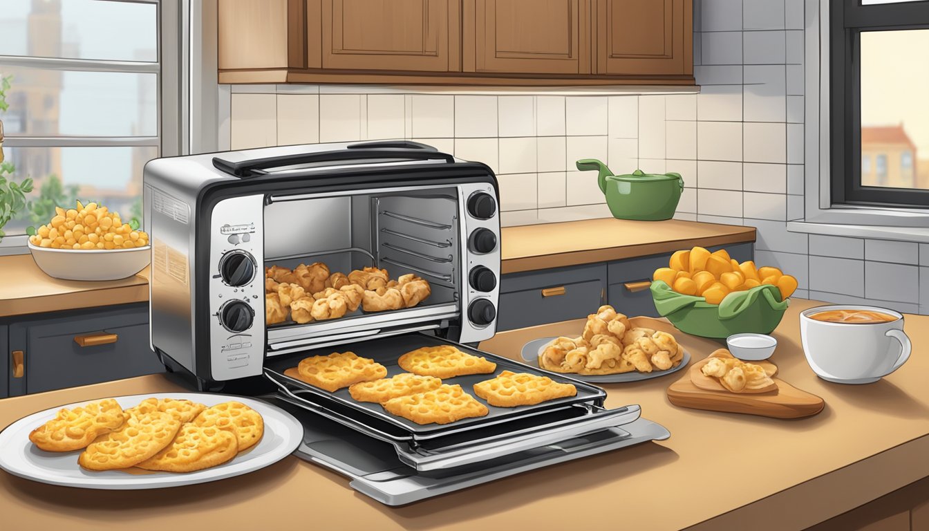 A kitchen countertop with a toaster oven and a plate of chicken and cheese flatbread bites