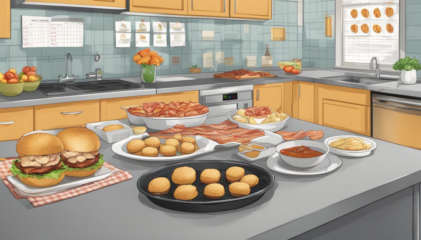 A kitchen counter with a plate of chicken and bacon sliders, surrounded by a food safety chart and a digital timer