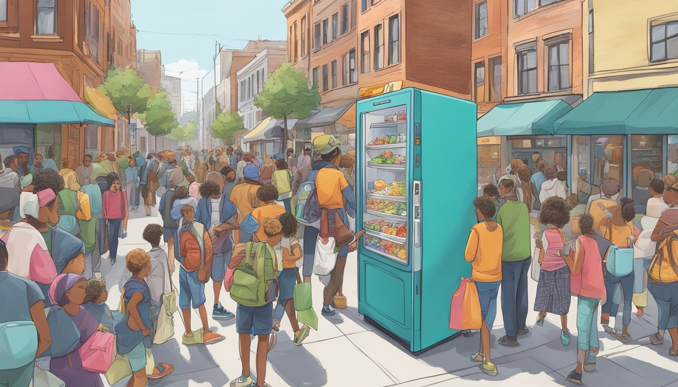 A bustling city street with a brightly colored community fridge adorned with artwork and surrounded by people dropping off and picking up food items