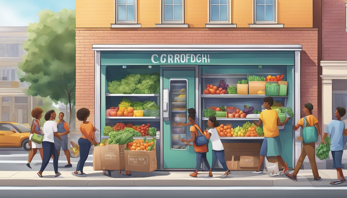 A bustling street corner with a colorful, well-stocked community fridge surrounded by people dropping off and picking up fresh produce and groceries