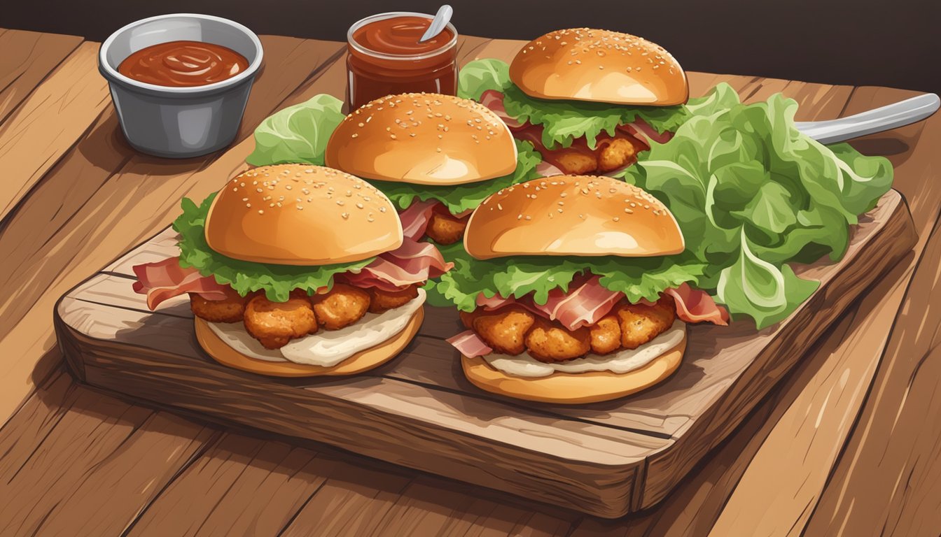 A platter of chicken and bacon sliders sits on a rustic wooden board, surrounded by fresh lettuce and tomatoes, with a side of tangy barbecue sauce