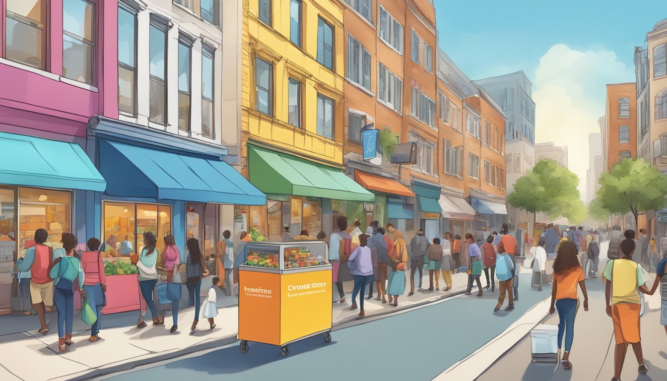 A bustling city street with a colorful community fridge surrounded by people accessing and donating food and other support services