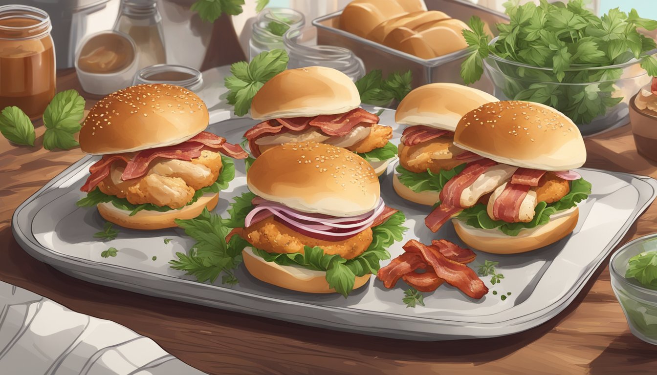 A platter of chicken and bacon sliders with various flavorings, surrounded by fresh herbs and spices