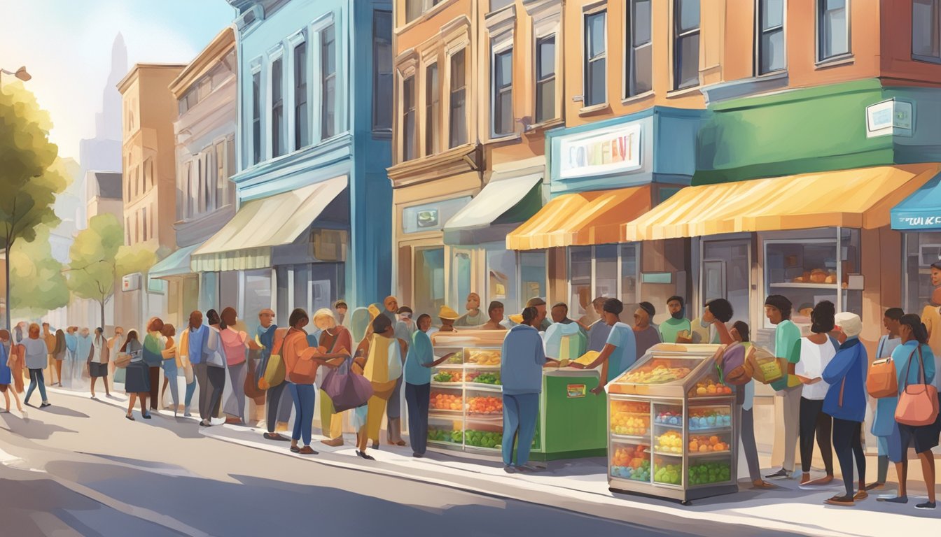 A bustling city street with a colorful community fridge surrounded by diverse individuals and families donating and taking food