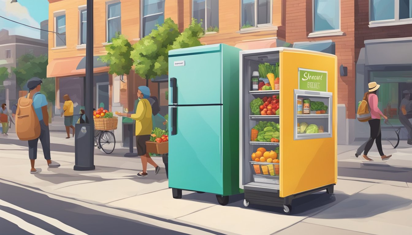 A colorful community fridge stands on a sidewalk, filled with fresh produce and food items. People walk by, taking and leaving items