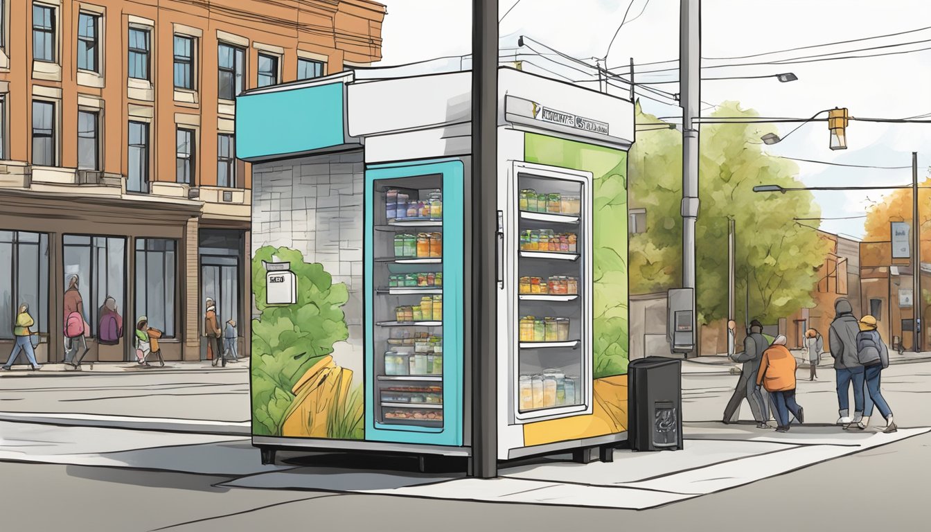 A community fridge stands on a busy street corner in Grand Rapids, Michigan. People come and go, leaving food and taking what they need