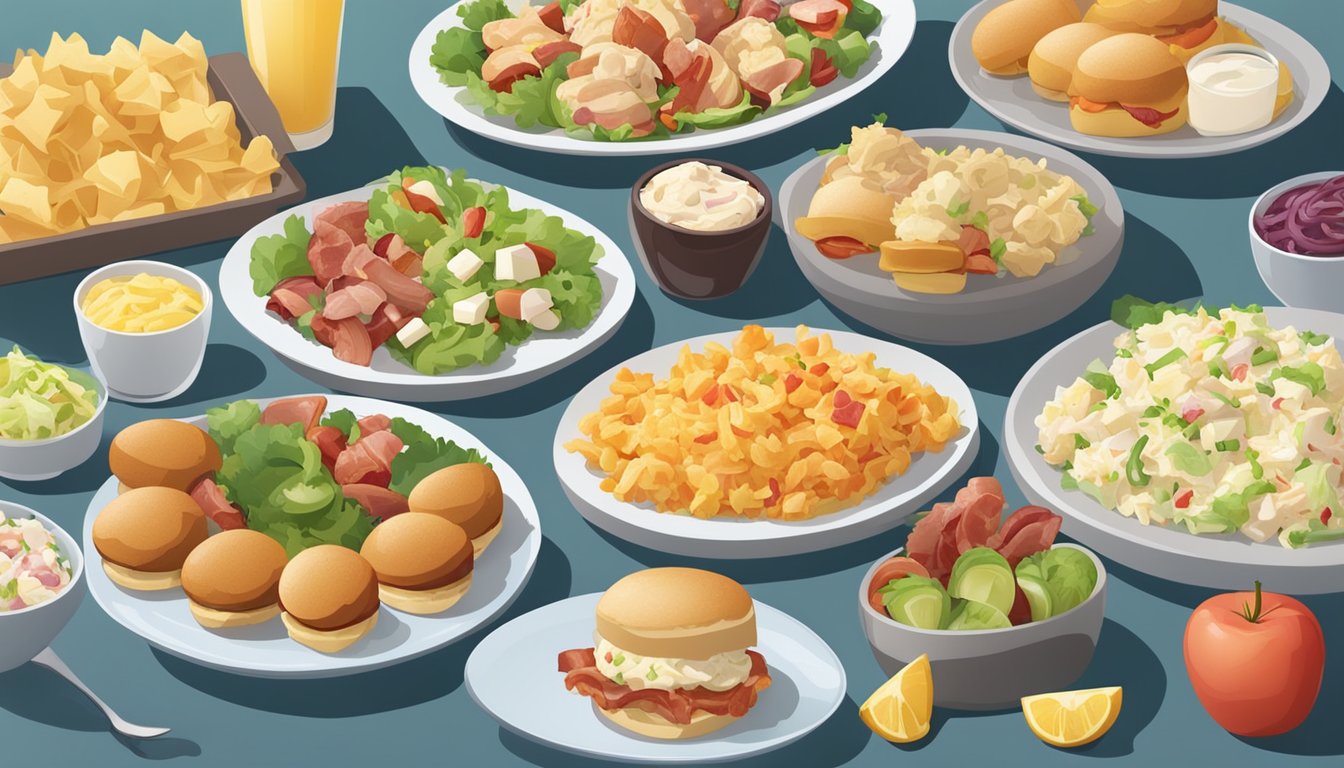 A table set with a variety of colorful side dishes, including coleslaw, potato salad, and fruit salad, next to a platter of chicken and bacon sliders