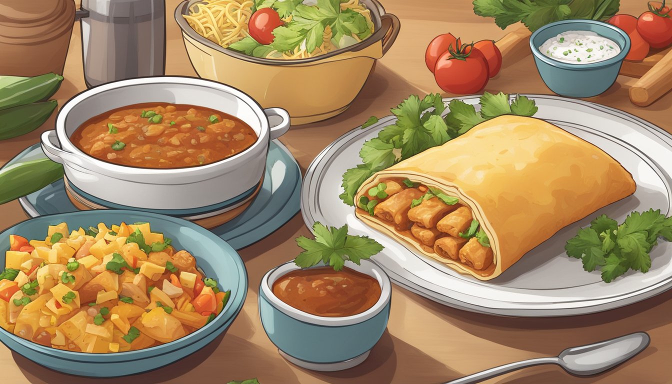 A plate of chicken and cheese chimichangas sits on a kitchen counter, surrounded by colorful ingredients and spices, with steam rising from the freshly cooked dish