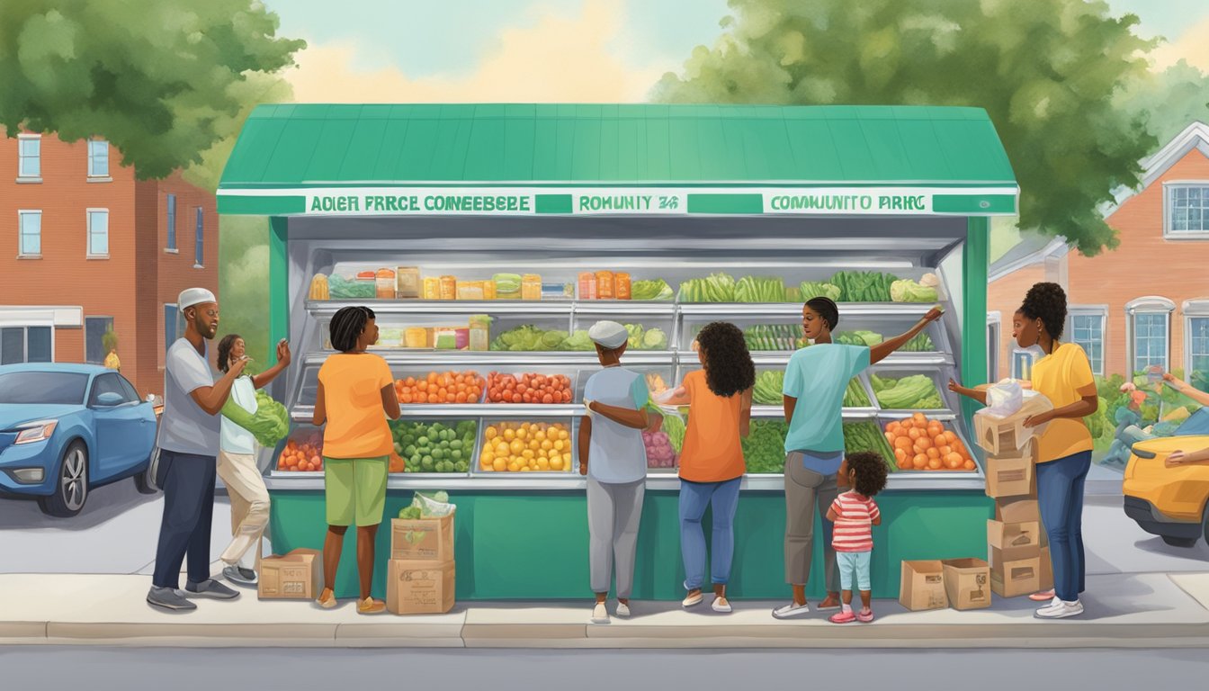 A diverse group of people from different backgrounds and ages are seen donating fresh produce, dairy products, and non-perishable items to a brightly painted community fridge located in a busy neighborhood in Greensboro, NC