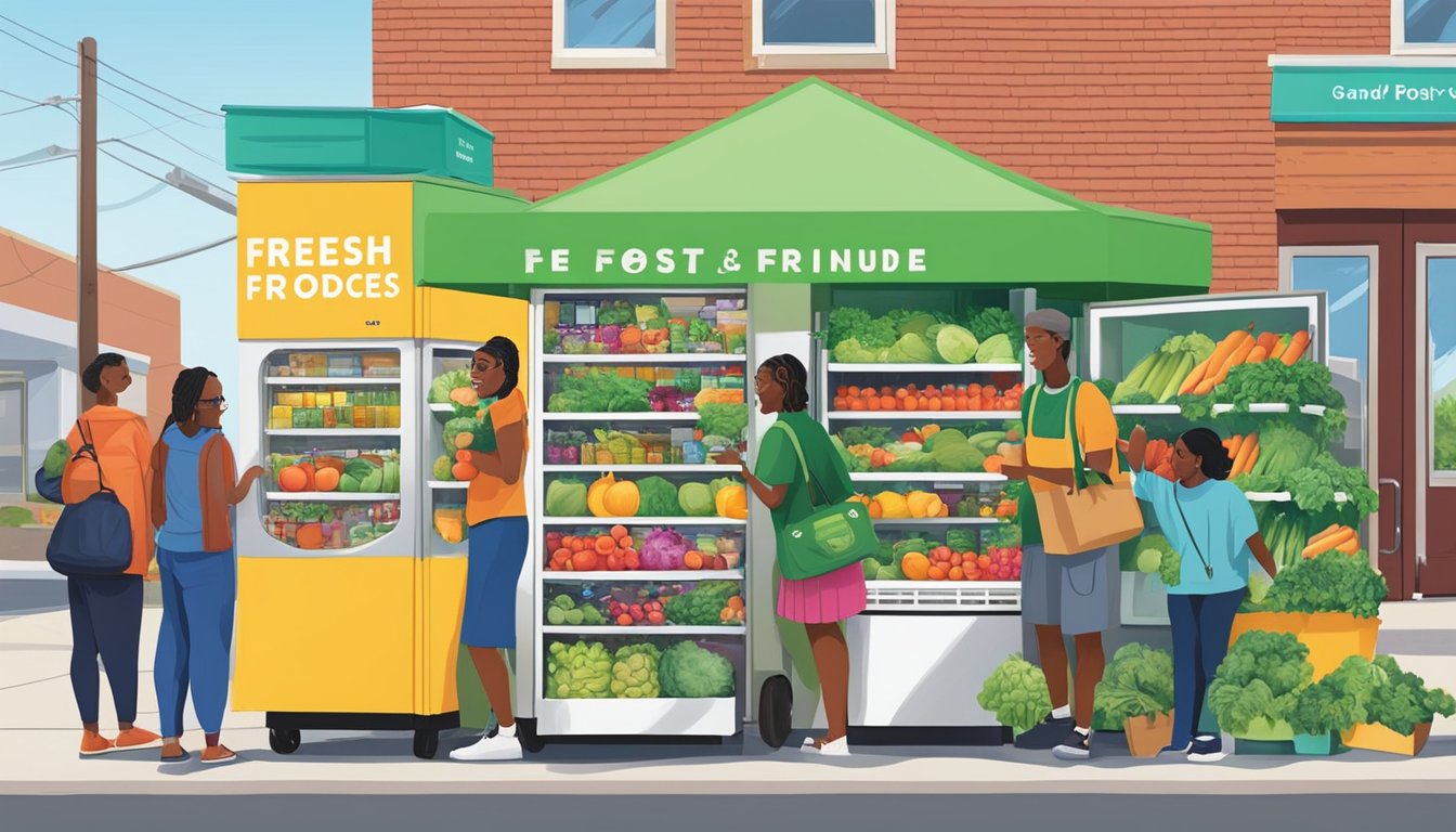 A diverse group of people donate fresh produce and packaged goods to a brightly painted community fridge in Grand Rapids, MI