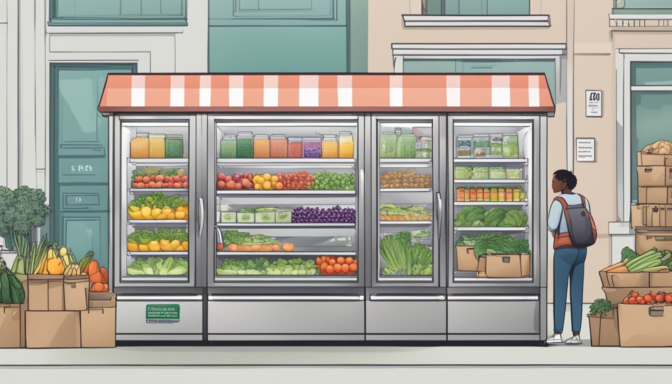 A community fridge stocked with fresh produce and packaged goods, surrounded by clear signage outlining donation guidelines and food safety information