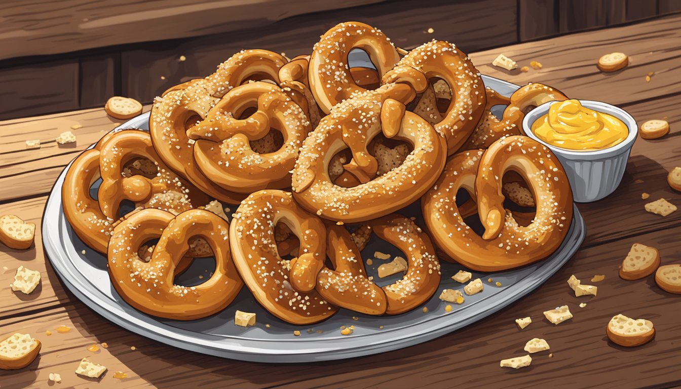 A platter of chicken and cheese-stuffed pretzels sits on a rustic wooden table, surrounded by scattered crumbs. The warm, golden-brown pretzels are oozing with melted cheese, and the savory aroma fills the air