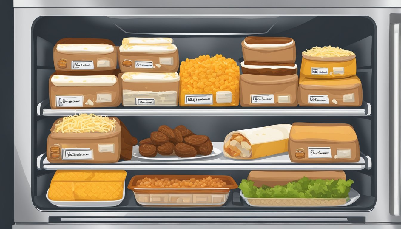 A refrigerator with shelves holding wrapped chicken and cheese chimichangas, labeled with dates