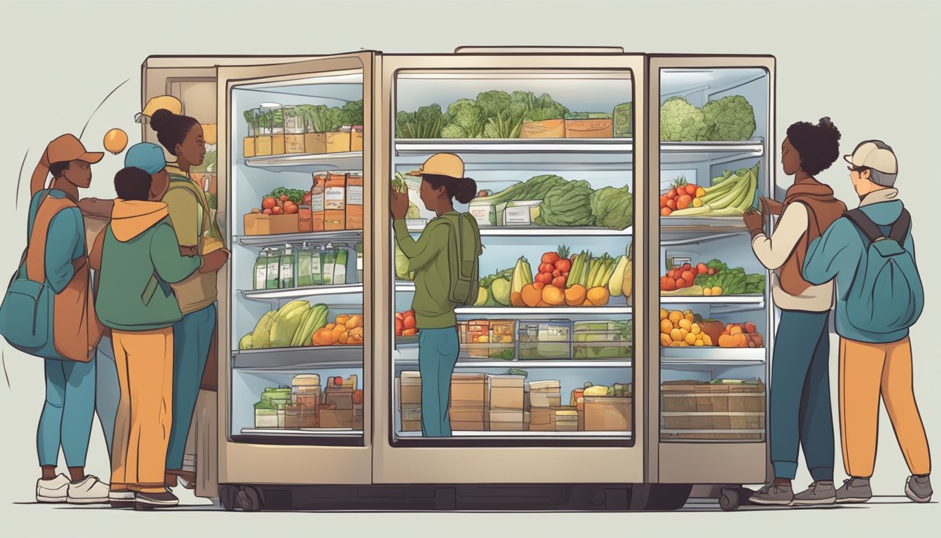 A bustling local community fridge filled with fresh produce and packaged goods, surrounded by a diverse group of people contributing and taking items