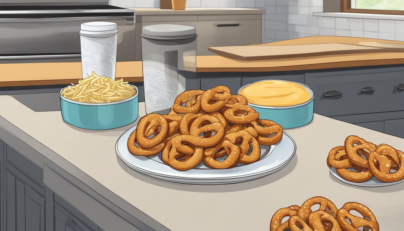 A plate of chicken and cheese stuffed pretzels sits on a kitchen counter next to a labeled container. The pretzels are fresh and inviting