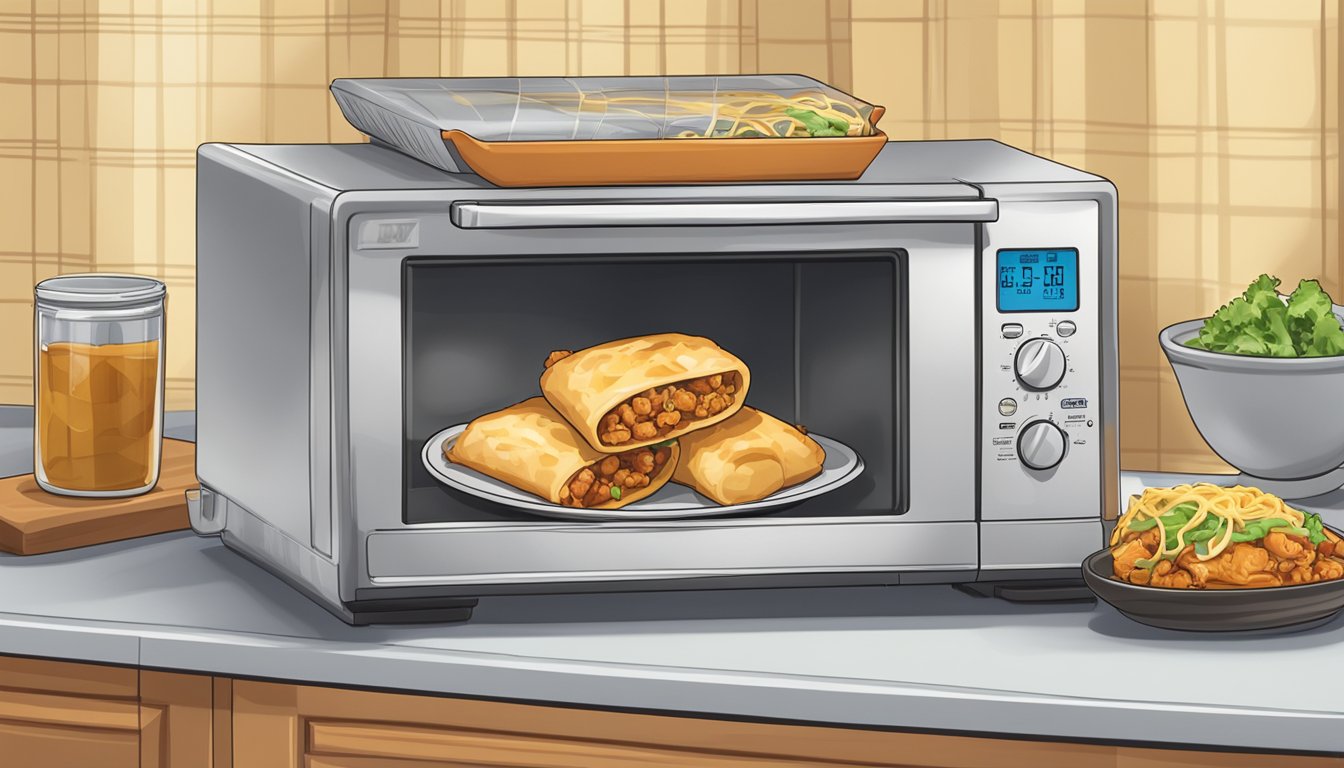 A plate with two steaming chimichangas, one filled with chicken and the other with cheese, sitting next to a microwave with the door open