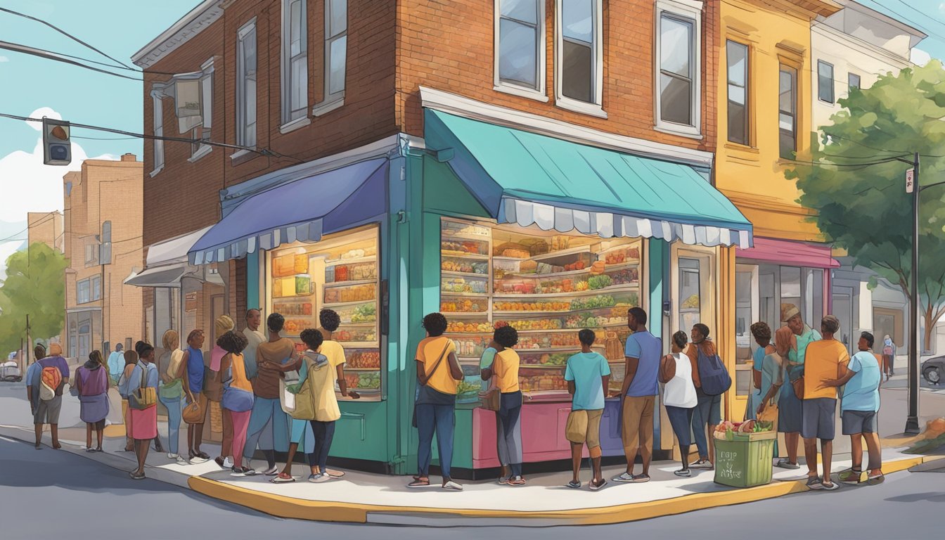 A bustling street corner in Charlotte, NC, with a colorful community fridge surrounded by diverse individuals exchanging food and goods