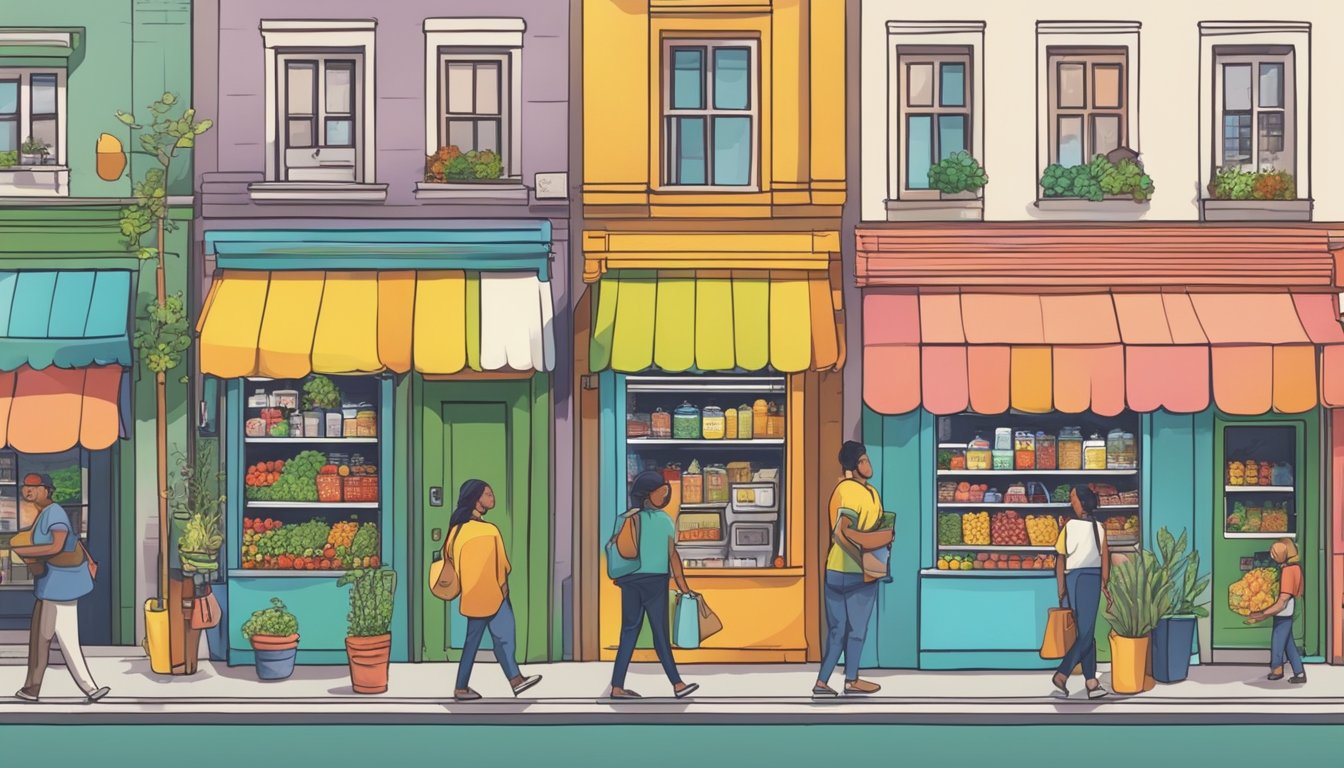 A bustling street with colorful storefronts, a community fridge adorned with local business logos, and people exchanging goods and produce