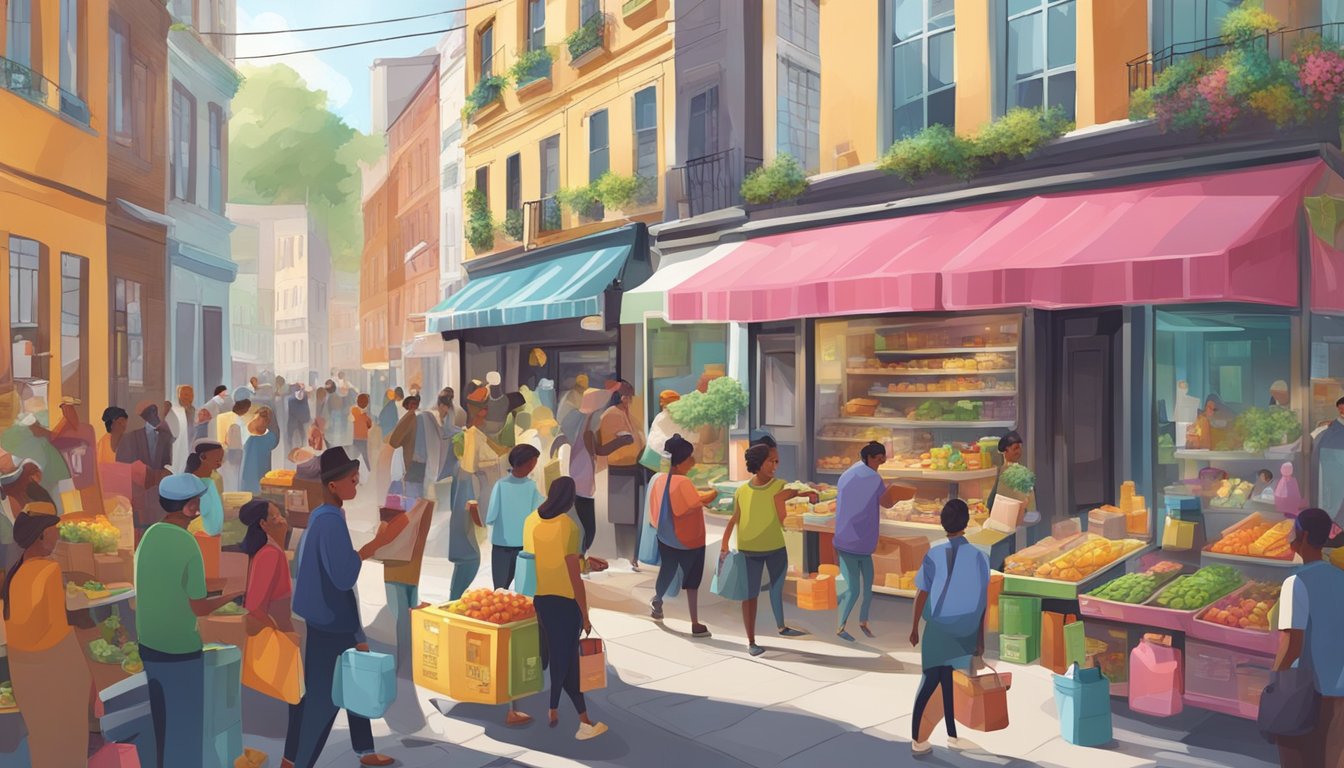 A bustling city street with a colorful community fridge surrounded by people exchanging food and goods