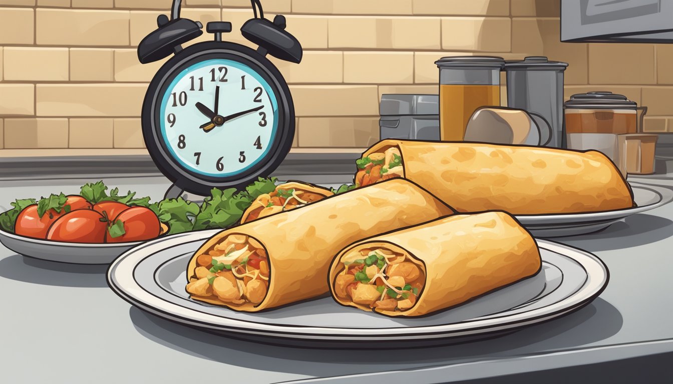 A plate of chicken and cheese chimichangas sits on a kitchen counter, with a clock in the background showing the current time