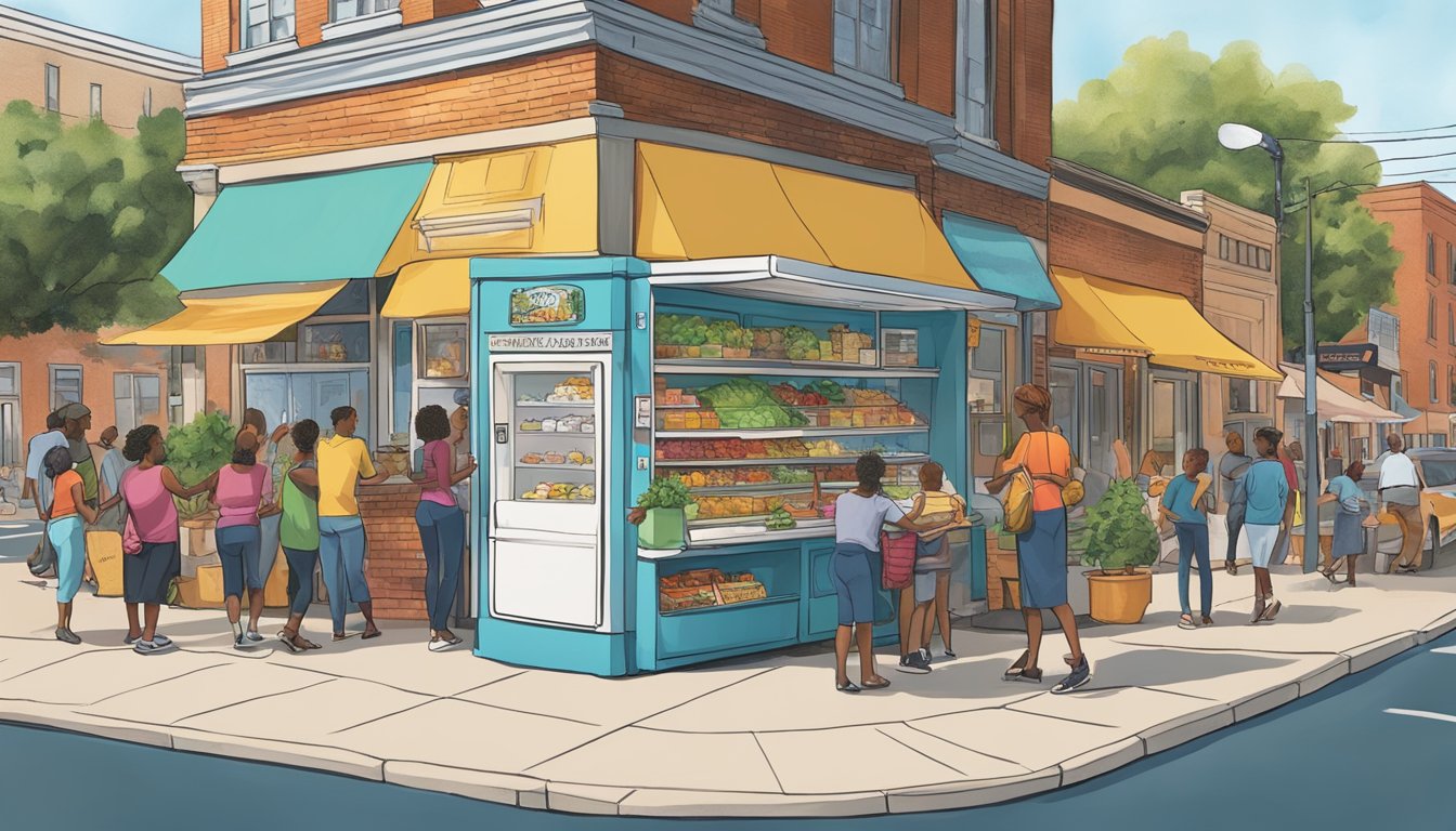 A bustling street corner in Greensboro, NC, with a colorful community fridge surrounded by people exchanging food and engaging in local events