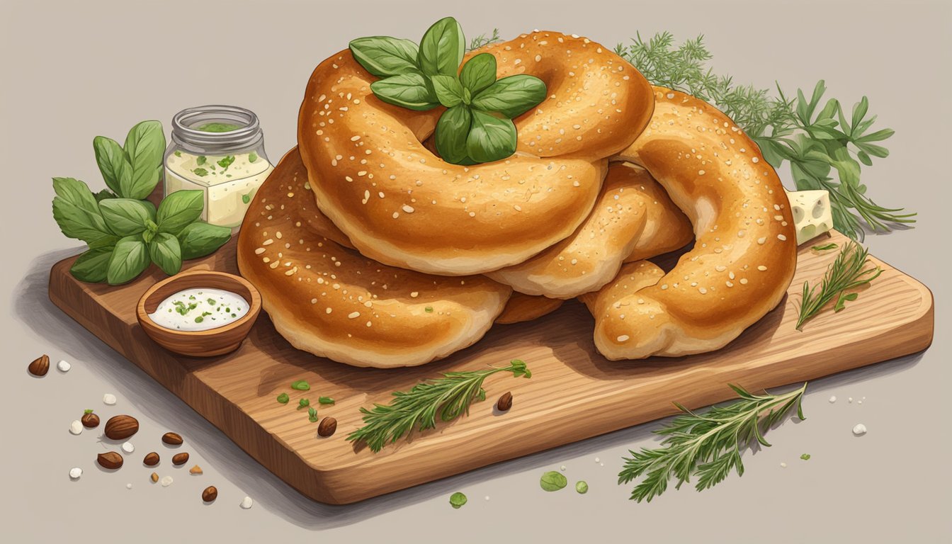 A chicken and cheese stuffed pretzel sits on a wooden cutting board, surrounded by fresh herbs and spices. The pretzel appears golden brown and steam rises from its center, indicating its freshness and flavor