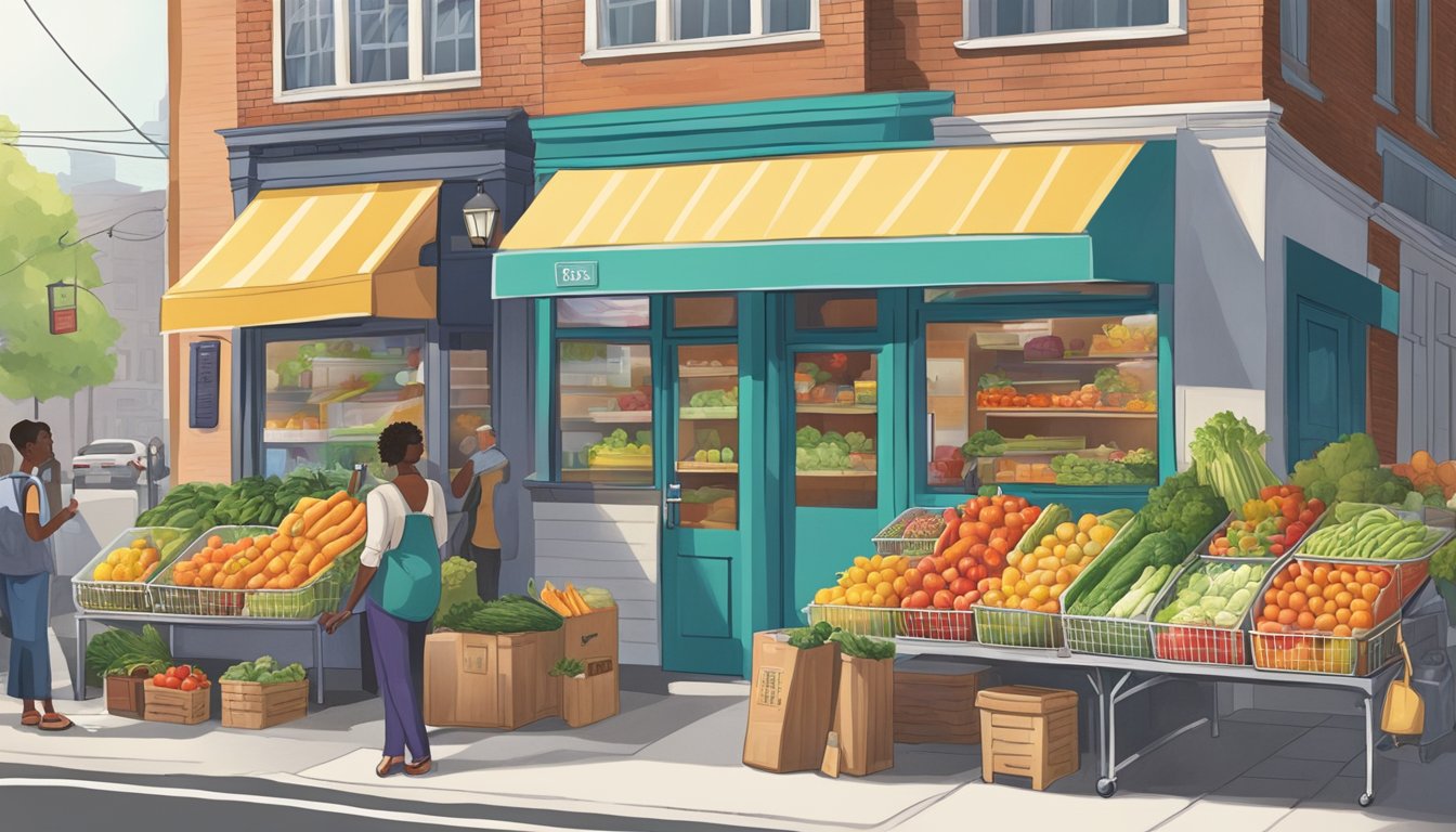 A bustling street corner in Charlotte, NC, with a colorful community fridge adorned with fresh produce and a diverse array of food items